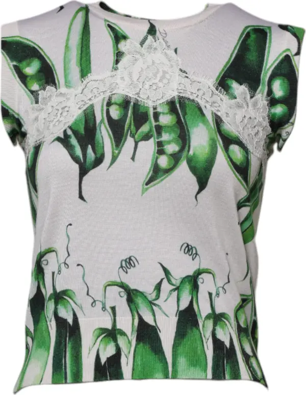 White Green Pea Print Sleeveless Blouse Top