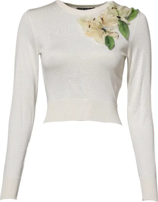 White Silk Lily Embellished Pullover Sweater