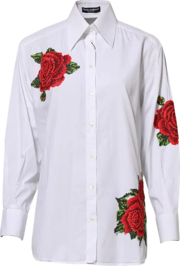 White Rose Embroidery Collared Shirt Top