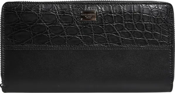Black Leather Logo Plaque Zip Around Continental Wallet