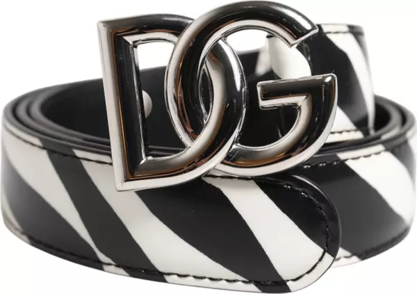 Black White Leather Silver Metal Buckle Belt