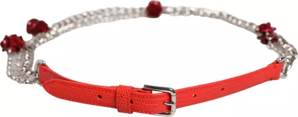 Red Leather Silver Chain Floral Cintura Belt