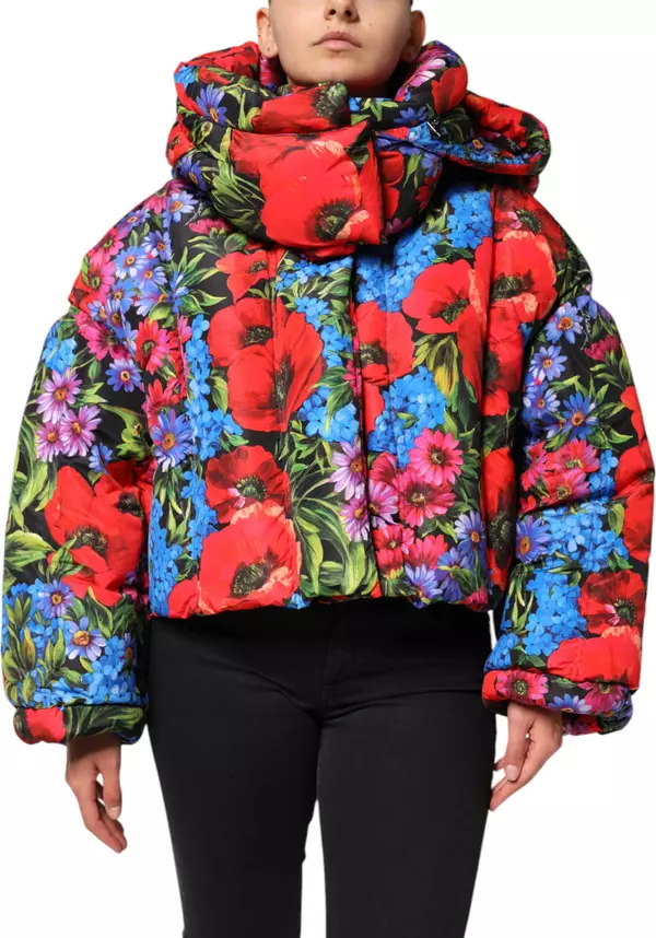 Multicolor Floral Hooded Puffer Coat Jacket