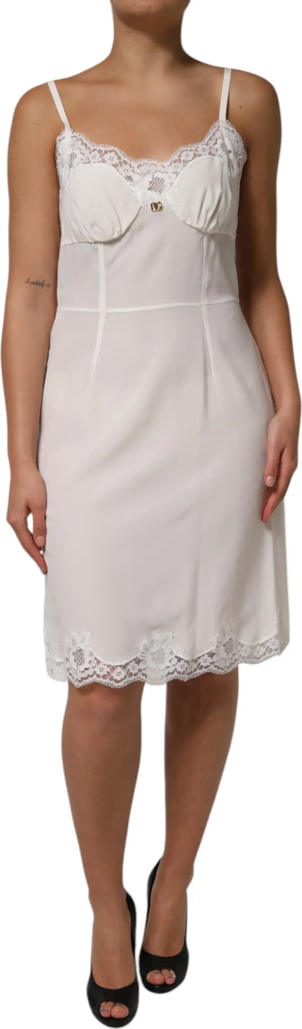 White Lace Gold DG Logo Silk Dress Sleepwear
