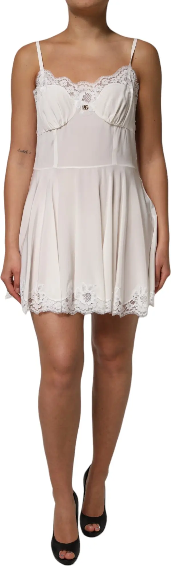 White Lace Gold DG Logo Silk Dress Sleepwear