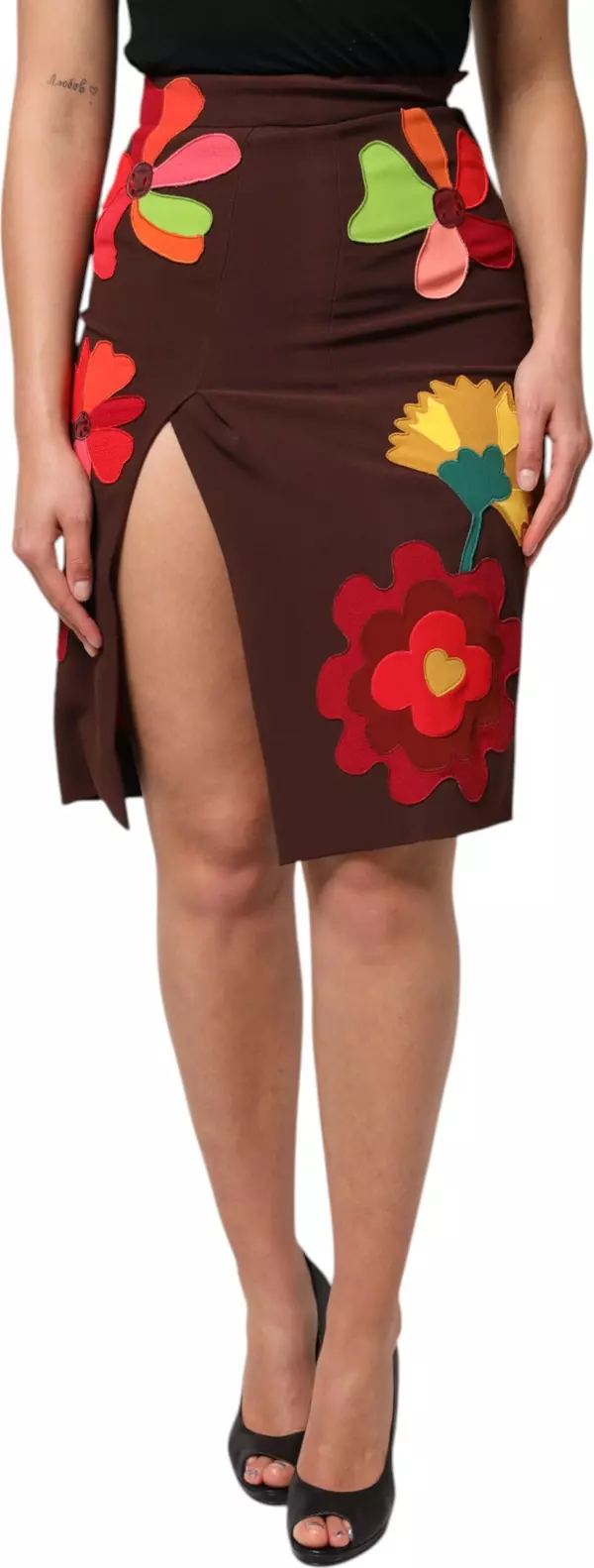 Brown Floral High Waist Side Slit Skirt
