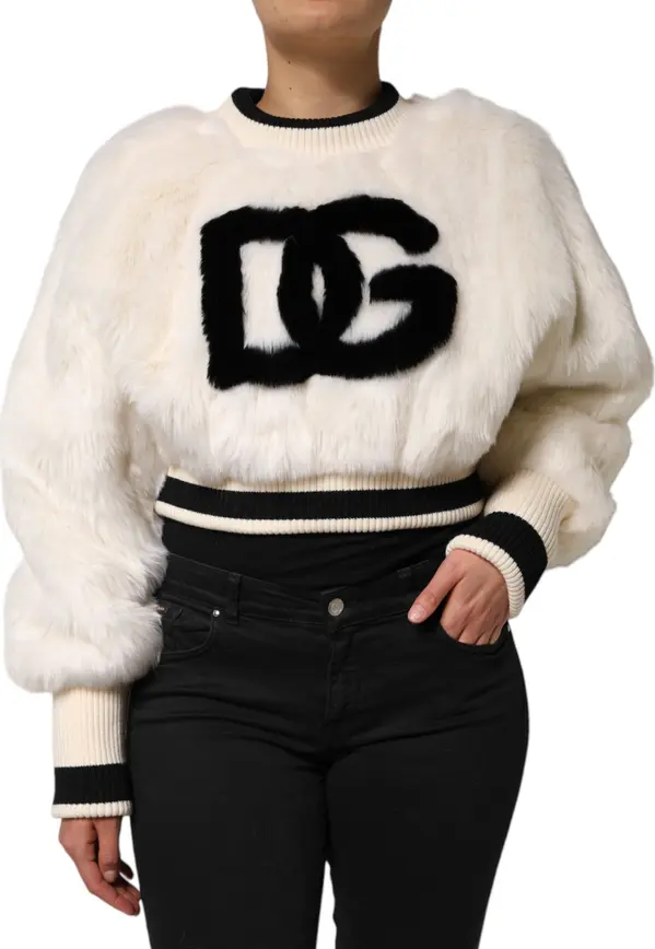 White Cropped Faux Fur DG Sweatshirt Sweater