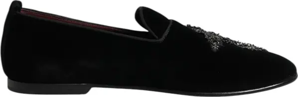 Black Velvet Embellished Loafer Slip On Shoes