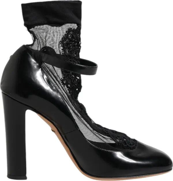 Black Leather Lace Socks Heels Pumps Shoes