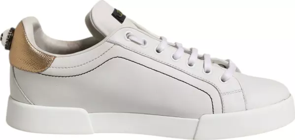 White Gold Leather Low Top Sneakers Shoes