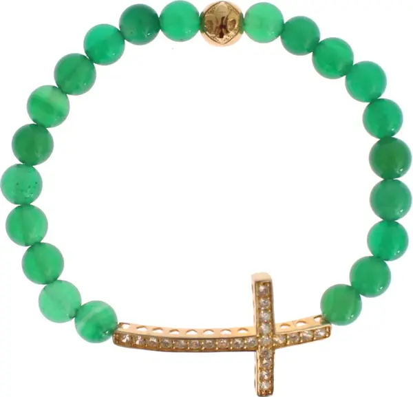 Jade Stone Gold CZ Cross 925 Silver Bracelet