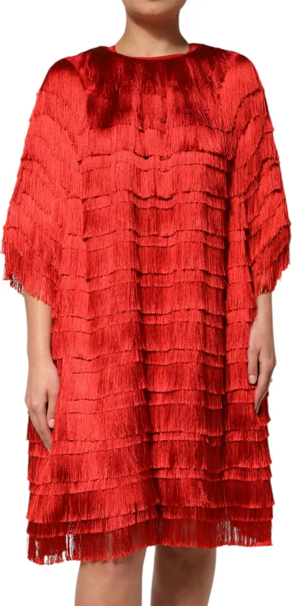 Red Silk Tiers Fringe Shift Knee Length Dress