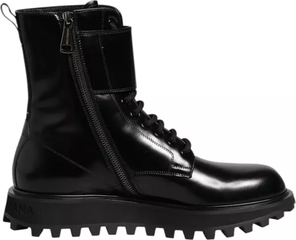 Black Leather Lace Up Mid Calf Boots Shoes