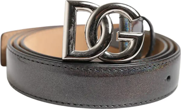 Metallic Leather Silver Tone Logo Buckle Belt