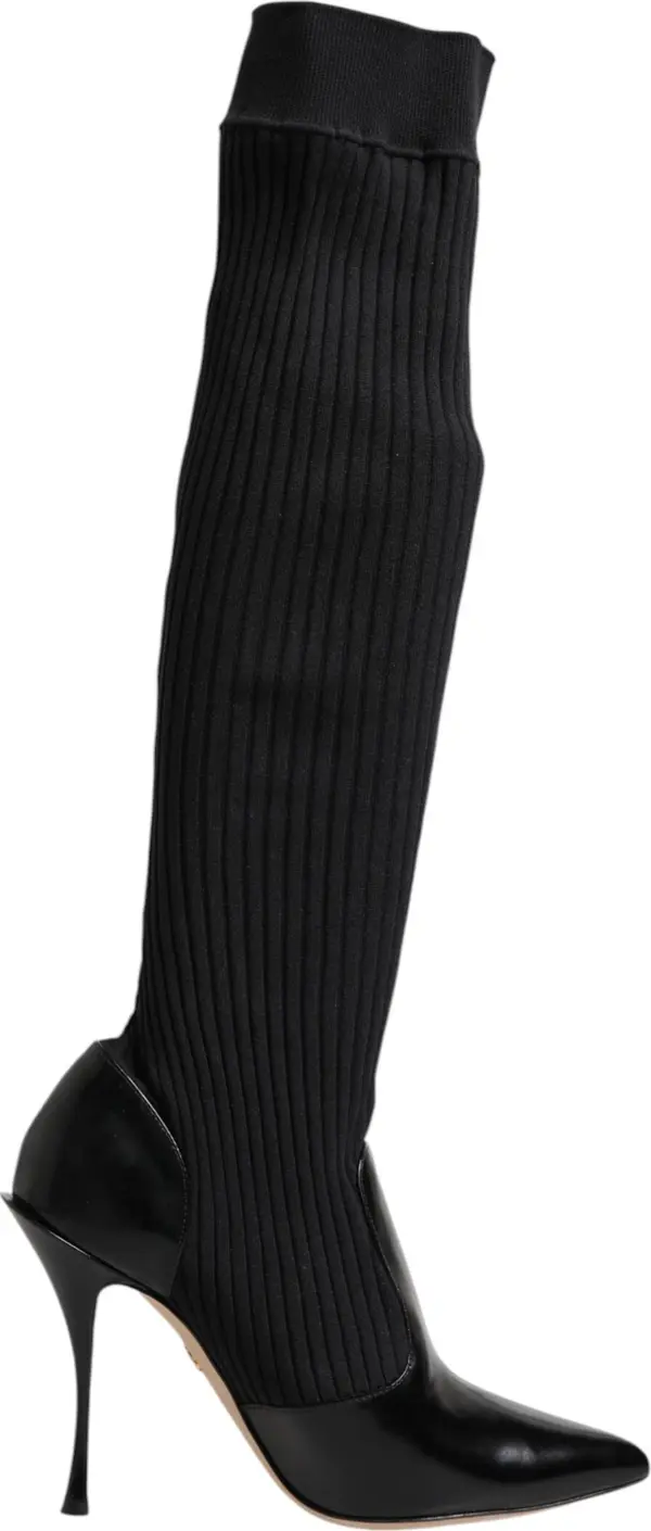 Black Leather Ribbed Knit Knee Boots Shoes