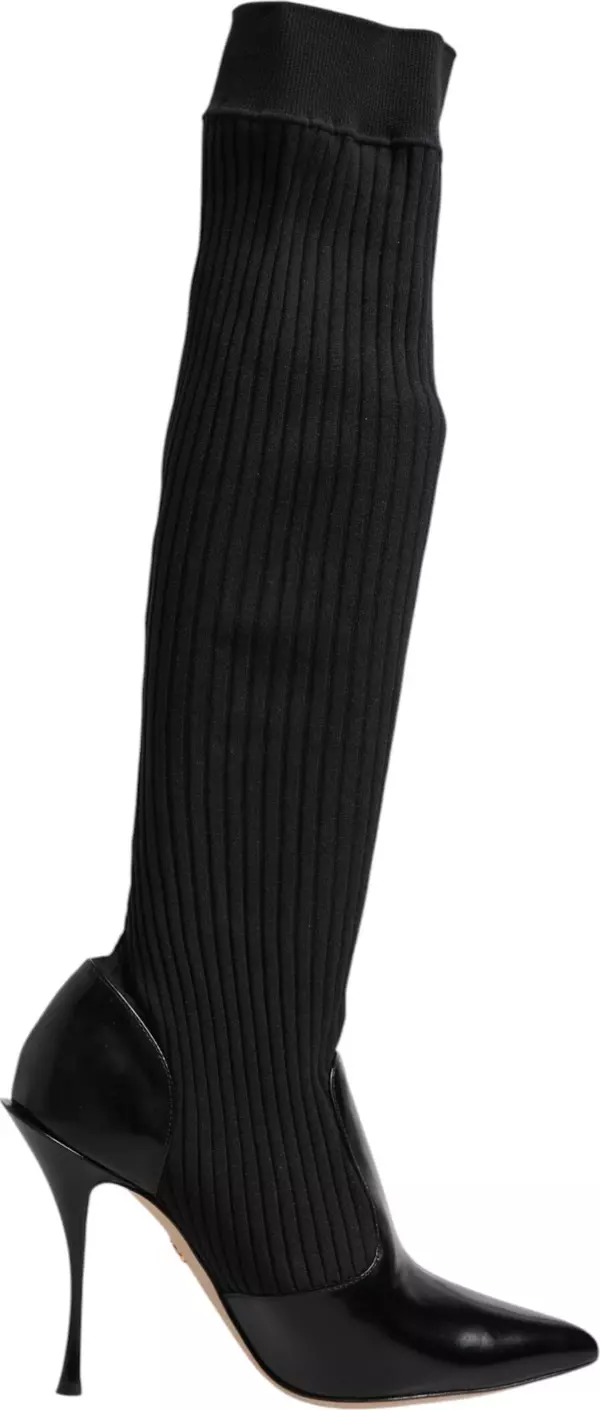 Black Leather Ribbed Knit Knee Boots Shoes