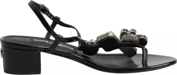 Black Leather Crystal Ankle Strap Sandals Shoes