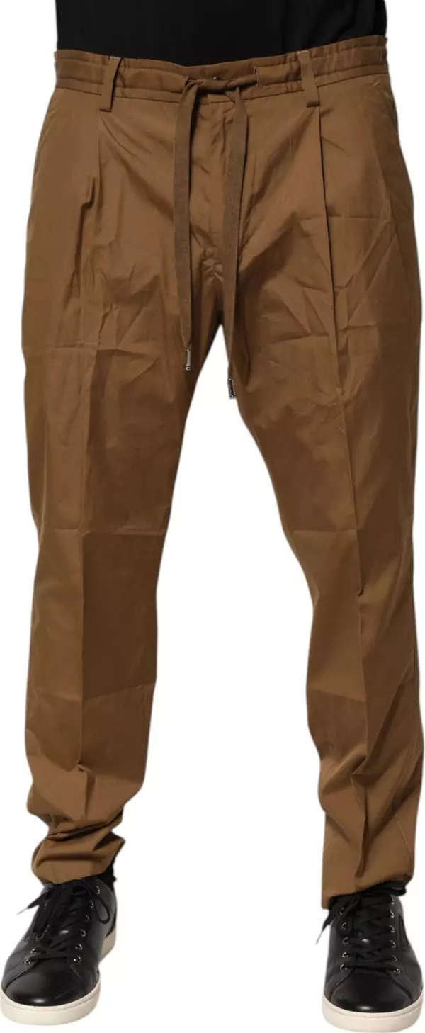 Brown Cotton Chino Mid Waist Men Jogger Pants