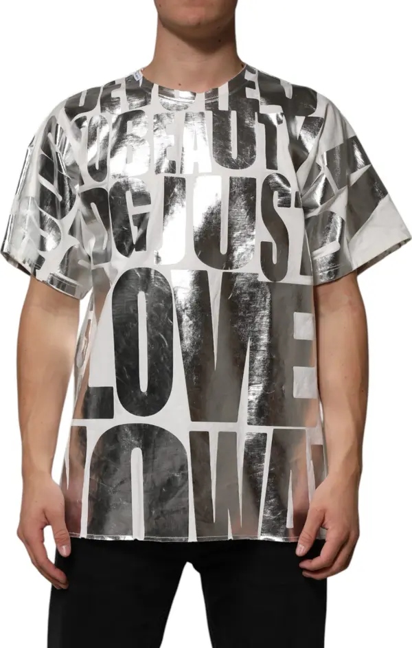 White Cotton Silver Metallic Slogan Print T-shirt