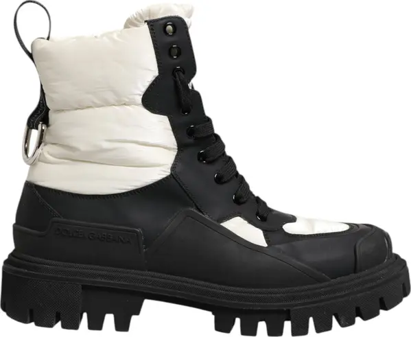 Black White Padded Mid Calf Lace Up Boots Shoes