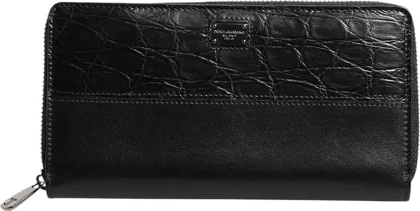 Black Leather Logo Plaque Zip Around Continental Wallet