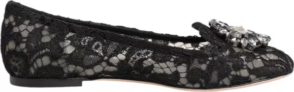 Black Taormina Lace Crystals Flats Shoes