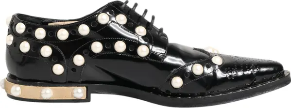 Black Leather Faux Pearl Dress Broque Shoes
