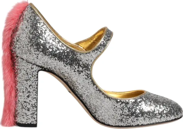 Silver Glitter Mink Fur VALLY Pumps Shoes