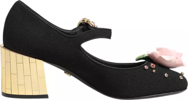 Black Flower Crystal Embellished Mary Jane Shoes
