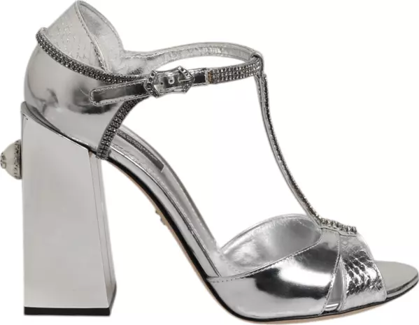 Silver Leather T-strap Heels Sandals Shoes