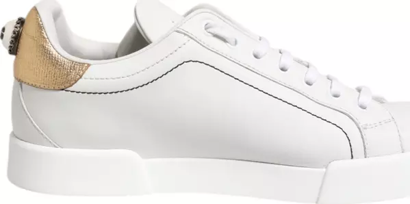 White Gold Leather Low Top Sneakers Shoes