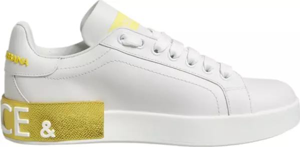 White Yellow Leather Low Top Sneakers Shoes