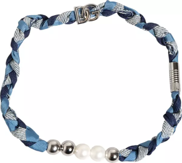 Blue White Braided Silver Metal Logo Beaded Men Bracelet