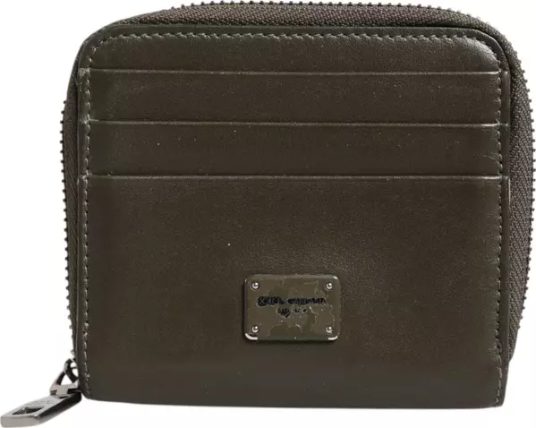 Brown Leather Logo Plaque Card Holder Coin Purse Wallet