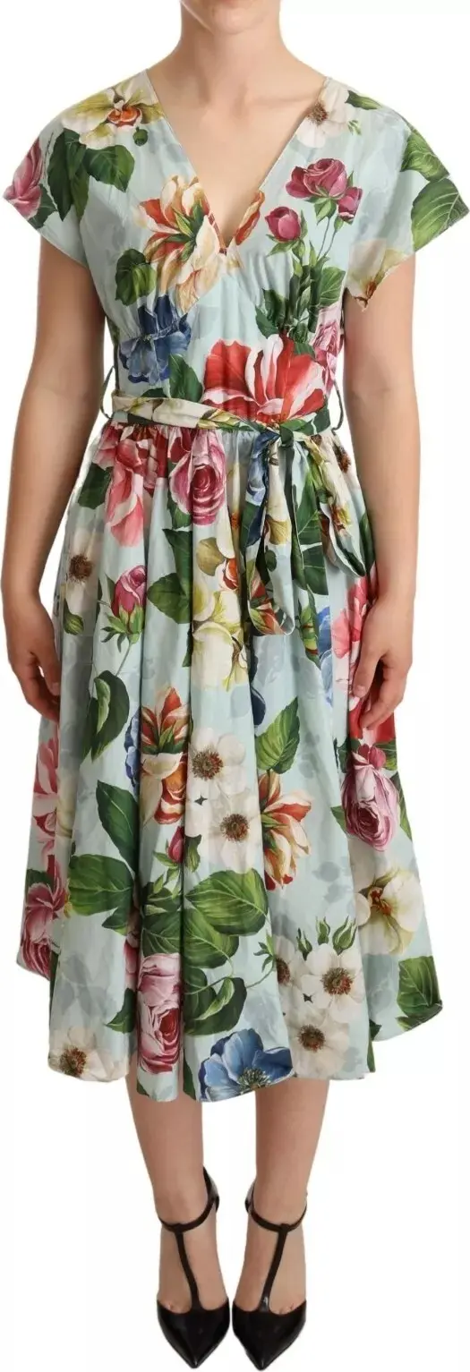 Green Floral Short Sleeves Cotton V-neck Dress