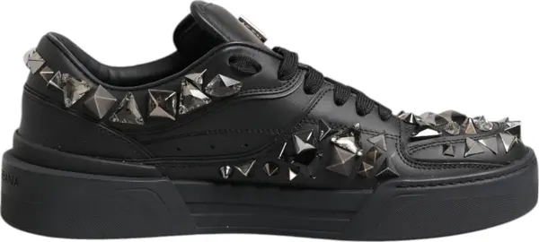 Black Leather Studded Low Top Sneakers Shoes