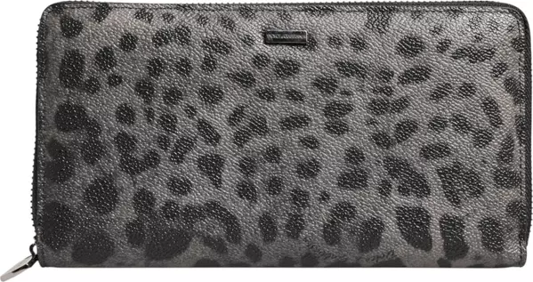 Black Gray Leopard Leather Zip Around Continental Wallet