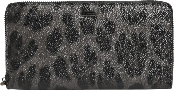Black Gray Leopard Leather Zip Around Continental Wallet