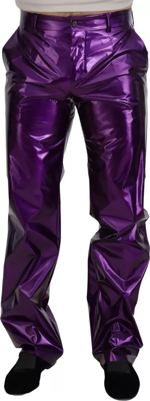 Purple Metallic Nylon Straight Trouser Pants