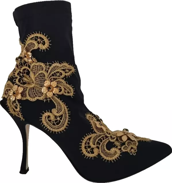 Black Gold Embroidery Crystal Boots Shoes