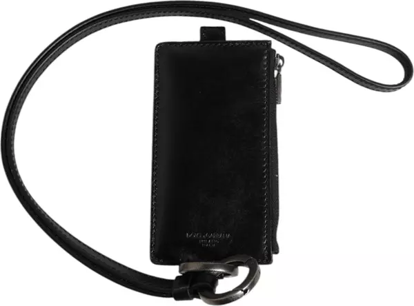 Black Leather Logo Embossed Lanyard Card Holder Wallet
