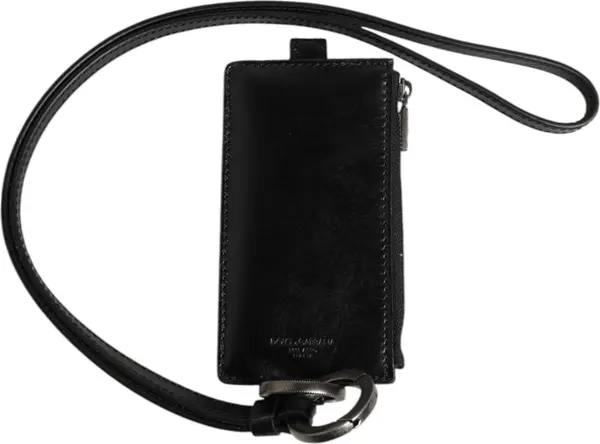 Black Leather Logo Embossed Lanyard Card Holder Wallet