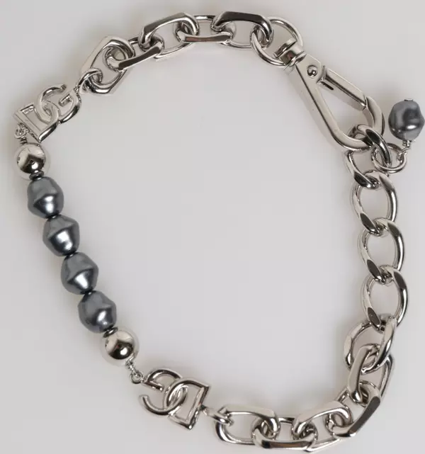 Silver Tone Chain Lobster Clasp Logo Gray Pearls Bracelet