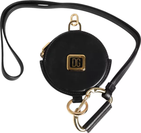 Black Round Leather DG Logo Coin Purse Lanyard Wallet