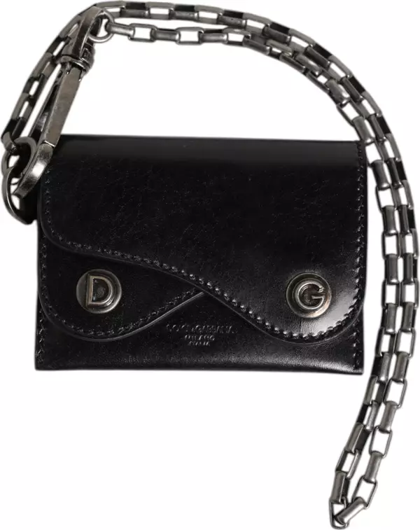 Black Cavallo Leather Wallet Chain Snap Bifold Card Holder