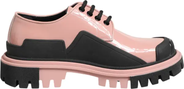 Light Powder Pink Black Leather Lace-Up Shoes