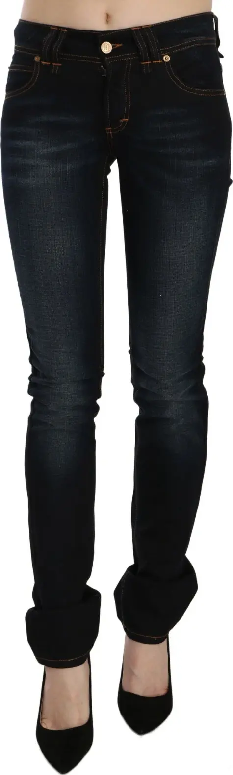 Dark Blue Mid Waist Slim Fit Denim Casual Pants Jeans