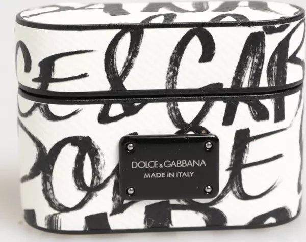 Black White Leather Monogram Print Logo Holder Airpods Case