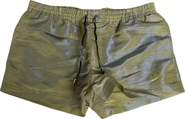 Green Polyester Metallic Logo Print Men Swimwear