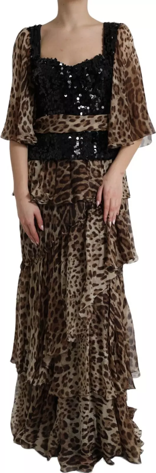 Leopard Print Silk Sequin Ruffle Maxi Dress